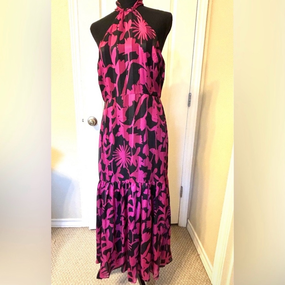 NWT Milly Maxi Dress Size 8 Medium Fuchsia Pink Black floral Halter tie NEW